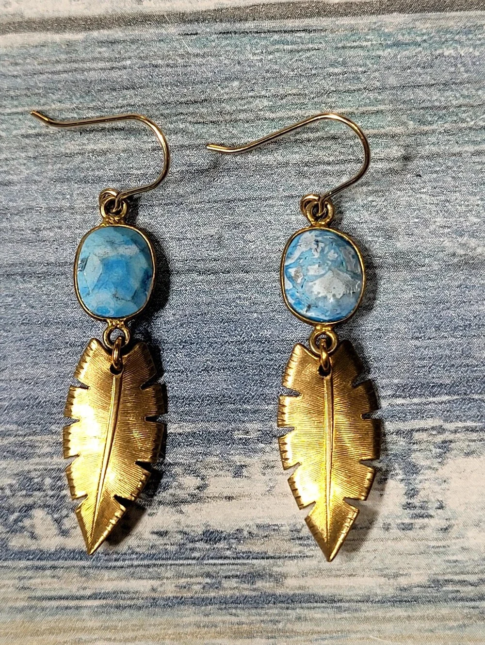 Gold Palm Leaves Drop Earrings with Blue Stone